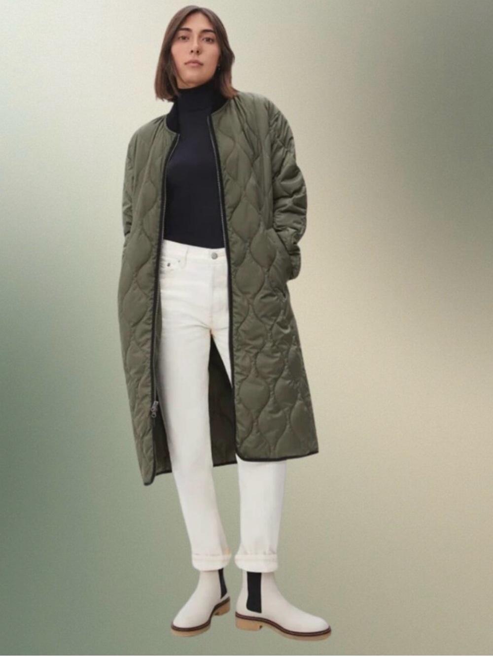 Everlane ReNew Long Liner Quilted Olive Green Coat - Size Large